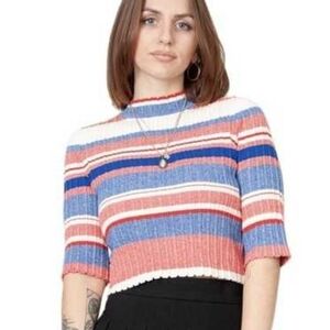 H&M Ribbed Knit Striped Short Sleeve Sweater Top Red Blue White Retro Size XL